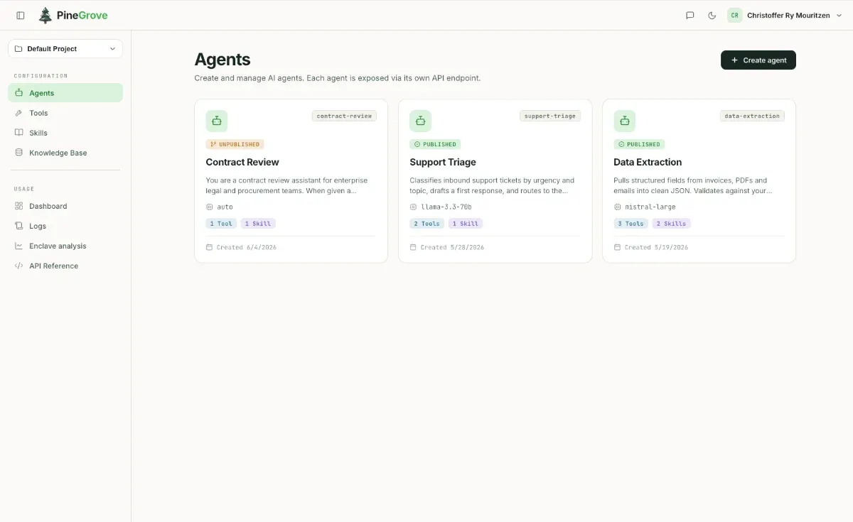 Screenshot: an overview of agents, each with its own tools and knowledge